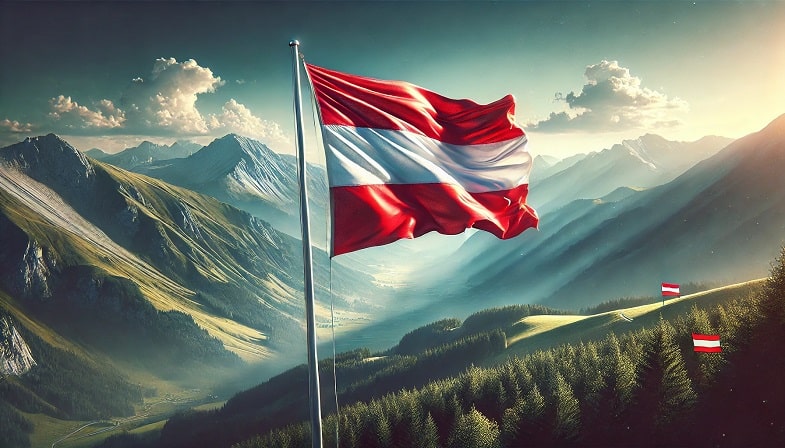 Flaga i naturalny krajobraz Austrii