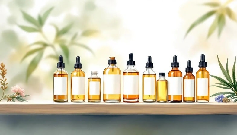 Najlepsze produkty CBD na stres - różne olejki CBD na półce.