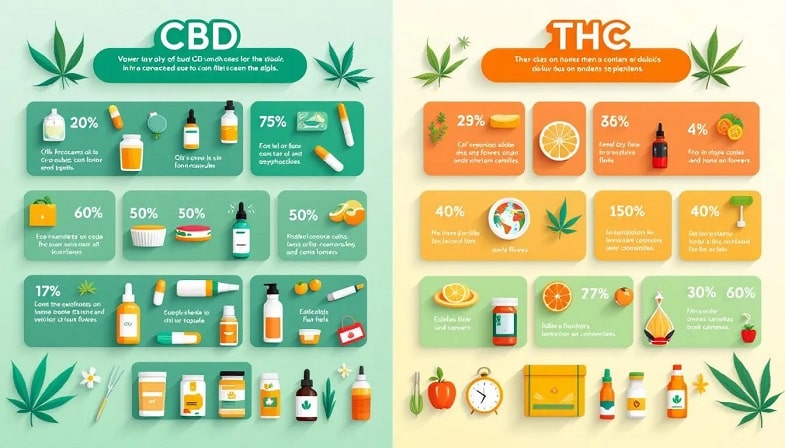 Przykłady produktów zawierających CBD i THC.
