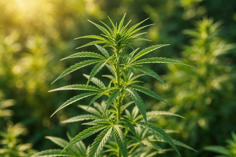 Zielona roślina konopi w naturalnym otoczeniu w miękkim świetle, spokojny kontekst badań nad rośliną