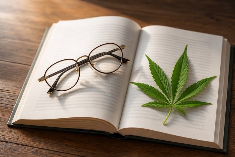 Otwarta książka naukowa i zielony liść konopi na biurku w spokojnym świetle, symbol badań nad kannabidiolem