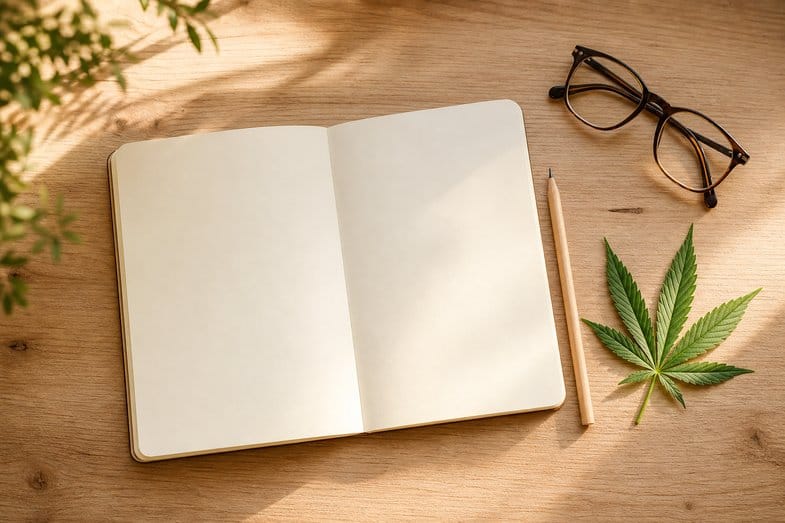 Otwarty pusty notes, drewniany ołówek, okulary i zielony liść konopi na jasnym drewnianym biurku w ciepłym świetle
