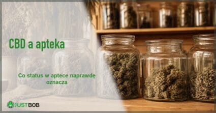 Baner z zielonym tytułem i logo Justbob; po prawej: szklane słoje z suszonymi kwiatostanami konopi na drewnianych półkach w ciepłym świetle