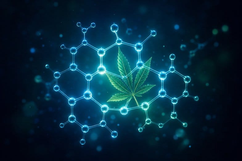 Abstrakcyjna wizualizacja struktury cząsteczkowej w chłodnym niebieskim świetle z liściem konopi, symbol kannabidiolu