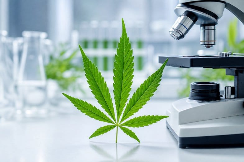Zielony liść konopi obok mikroskopu w chłodnym świetle laboratorium, symbol badań naukowych nad konopiami