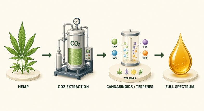 olejek-cbd-ekstrakcja-co2-schemat Schemat ekstrakcji CBD nadkrytycznym CO2 z konopi do oleju pełnego spektrum