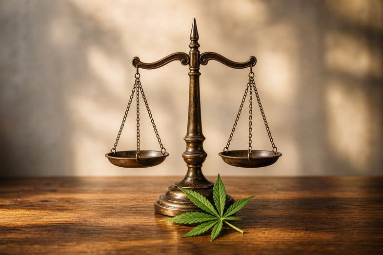 Waga Temidy i zielony liść konopi na biurku w ciepłym świetle, symbol prawnych ram cannabis w Polsce