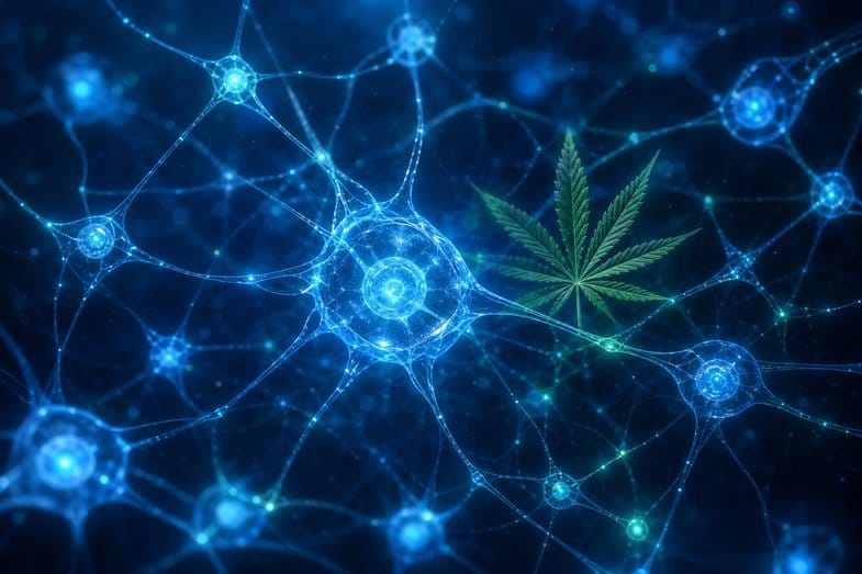 Abstrakcyjna wizualizacja sieci komórek i połączeń w chłodnym niebieskim świetle, symbol układu endokannabinoidowego