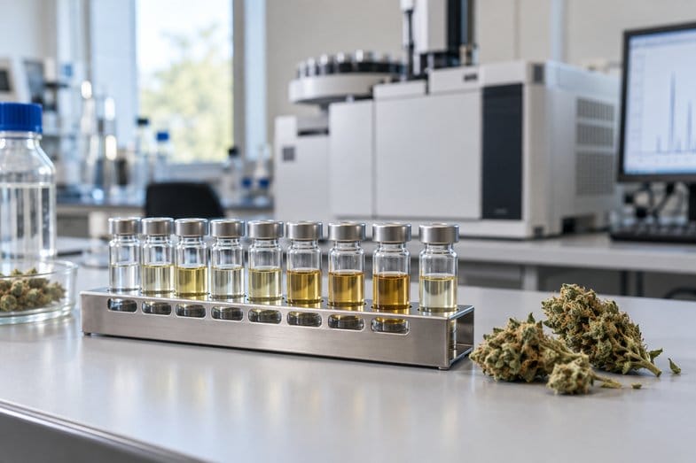 Szklane fiolki i chromatograf w laboratorium analizującym profil terpenowy konopi