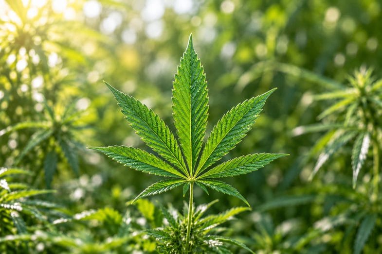 Zielony liść konopi w świetle dziennym jako ilustracja naturalnego pochodzenia kannabinoidów