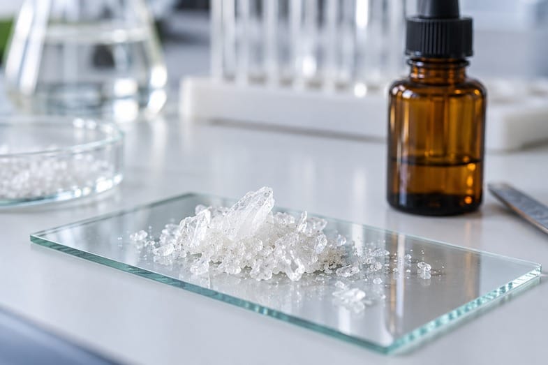 cbd-bez-thc-izolat-laboratorium Białe kryształy izolatu CBD na szkiełku laboratoryjnym obok bursztynowej butelki z pipetą