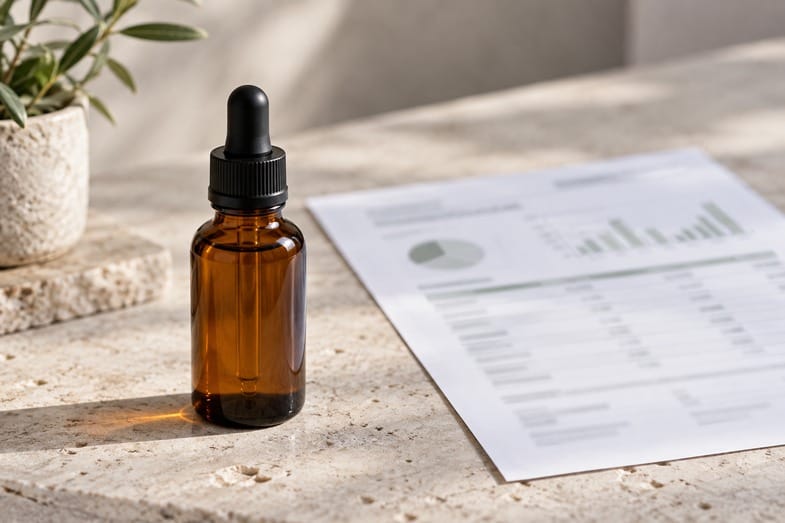 Bursztynowa butelka olejku CBD z pipetą stojąca na jasnym blacie obok wydrukowanego arkusza analizy laboratoryjnej
