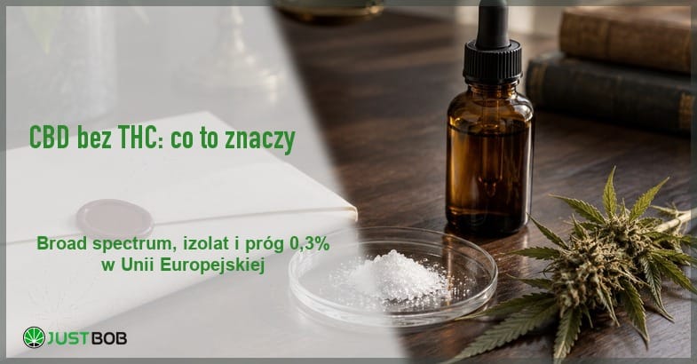 cbd-bez-thc-broad-spectrum-izolat-prawo-baner Baner z zielonym tytułem „CBD bez THC: co to znaczy” i logo Justbob; po prawej bursztynowa butelka z pipetą i gałązka konopi