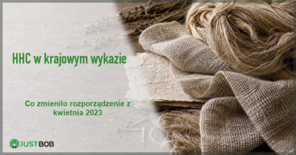 Baner artykułu z zielonym tytułem i logo Justbob; zdjęcie po prawej: włókno konopne, tkanina i arkusze czerpanego papieru