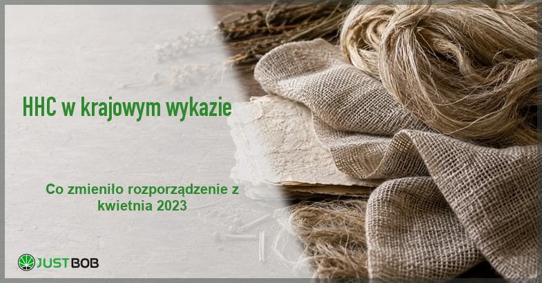 Baner artykułu z zielonym tytułem i logo Justbob; zdjęcie po prawej: włókno konopne, tkanina i arkusze czerpanego papieru