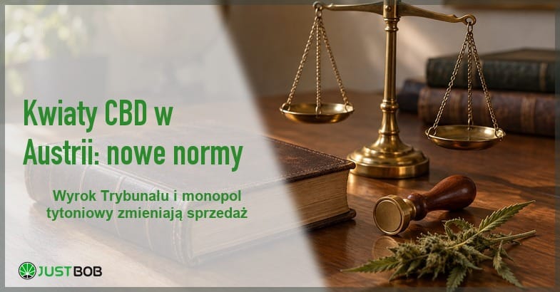 normy-kwiatow-cbd-austrii-prawo-baner Baner artykułu z zielonym tytułem „Kwiaty CBD w Austrii: nowe normy” i logo Justbob; po prawej mosiężna waga, oprawna księga i gałązka konopi