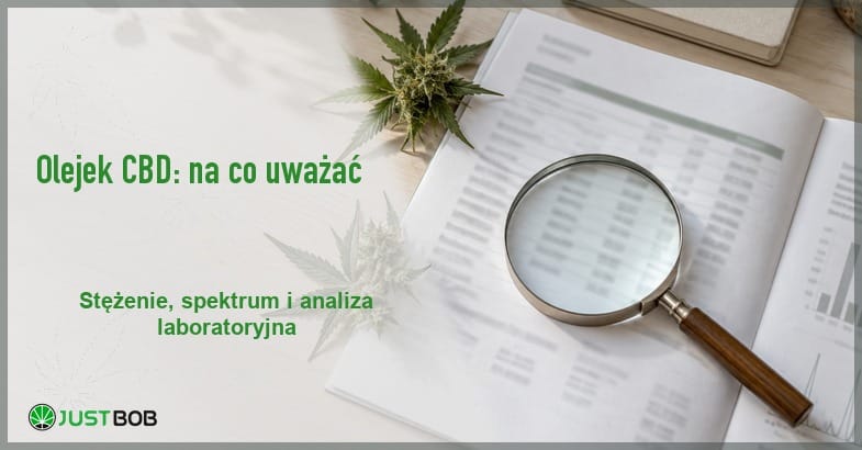 olejek-cbd-na-co-analiza-laboratoryjna-baner Baner z zielonym tytułem „Olejek CBD: na co uważać” i logo Justbob; w tle jasny dokument z lupą oraz gałązki konopi