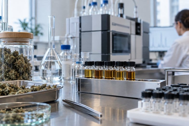 fiolki-z-ekstraktem-roslinnym-w-laboratorium Fiolki z bursztynowym ekstraktem w stalowym statywie na blacie laboratoryjnym, obok słój i taca z kwiatostanami konopi