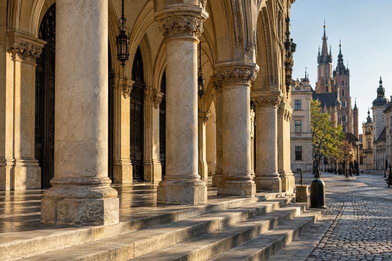 Kamienne podcienia zabytkowego gmachu przy Rynku Głównym w Krakowie o poranku, w tle wieże kościoła Mariackiego