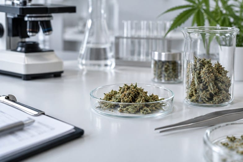 masc-cbd-kategorie-prawne Susz konopny w szklanej szalce i zlewce na laboratoryjnym blacie, obok mikroskop, pęseta i podkładka z notatkami