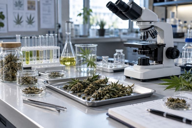 Mikroskop i metalowa taca z suszonymi wierzchołkami konopi na jasnym blacie laboratoryjnym, obok probówki, kolba i szklane słoje z próbkami