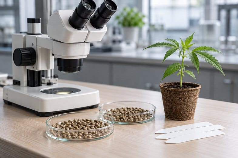 odmiany-konopi-katalog-ue Laboratorium oceny odmian konopi: mikroskop, otwarte szalki Petriego z nasionami konopi, sadzonka w torfowej doniczce i puste białe etykiety