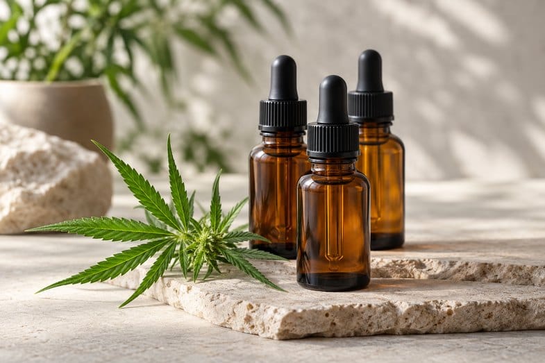 olejek-cbd-bursztynowe-butelki-na-co-wybor Trzy bursztynowe butelki olejku CBD z pipetami ustawione na jasnym blacie obok gałązki konopi