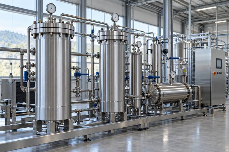olejek-cbd-ekstrakcja-co2-laboratorium-przemyslowe Stalowa aparatura do ekstrakcji CO2 w hali przemysłowej z rurami i zbiornikami ciśnieniowymi