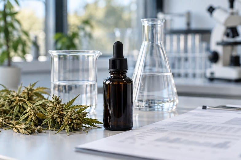 olejek-cbd-opinie-porownanie-produktow Pięć ciemnych buteleczek olejku CBD z zakraplaczami i pustymi etykietami, ustawionych w rzędzie na drewnianym blacie sklepu