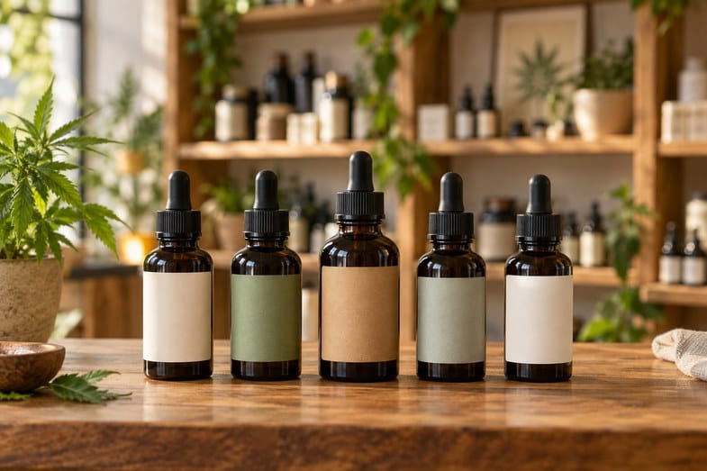 olejek-cbd-opinie-etykieta-i-badania Ciemna szklana buteleczka olejku CBD z zakraplaczem obok zlewki, kolby laboratoryjnej i wydruku analizy, z suszonymi kwiatostanami konopi z boku