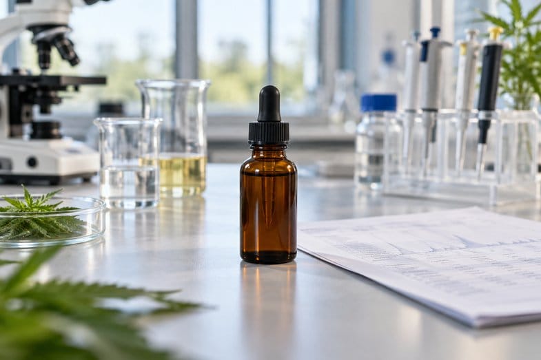 Ciemna szklana buteleczka olejku CBD z zakraplaczem na laboratoryjnym blacie; obok niej zlewki, statyw z pipetami i wydruk analizy partii