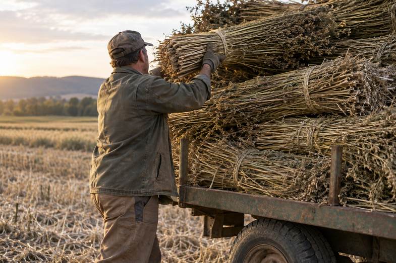 rolnik-uklada-snopy-lodyg-konopnych-na-przyczepie Rolnik w oliwkowej kurtce i czapce z daszkiem układa związane snopy suchych łodyg konopnych na przyczepie przy ściernisku