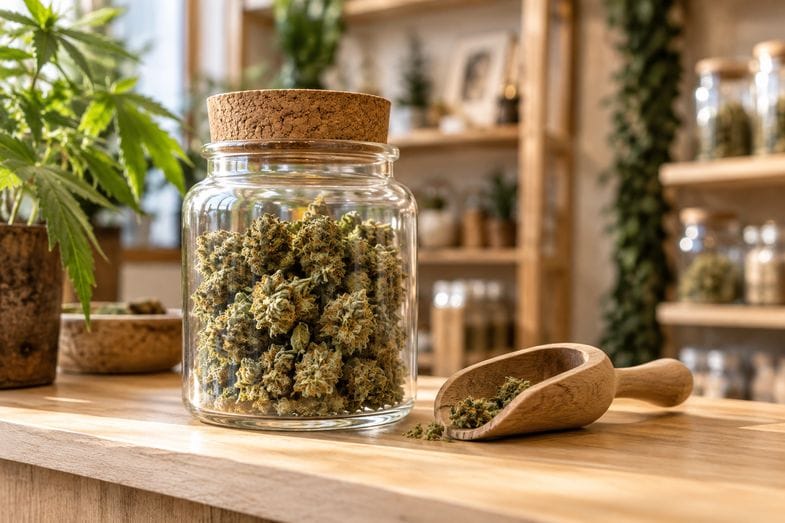 marihuana-lecznicza-przepisy-prawne Dokument urzędowy z okrągłą pieczęcią i mosiężna lupa na drewnianym biurku, obok gałązka konopi, w tle księgi prawnicze i waga szalkowa