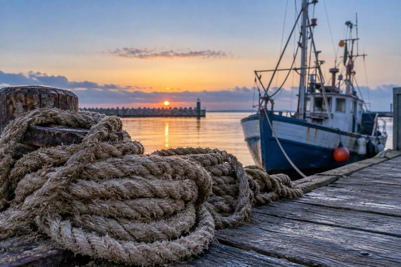 zwoje-liny-konopnej-na-baltyckim-nabrzezu Zwoje grubej liny konopnej na drewnianym pomoście nabrzeża, w tle zacumowany kuter rybacki o świcie